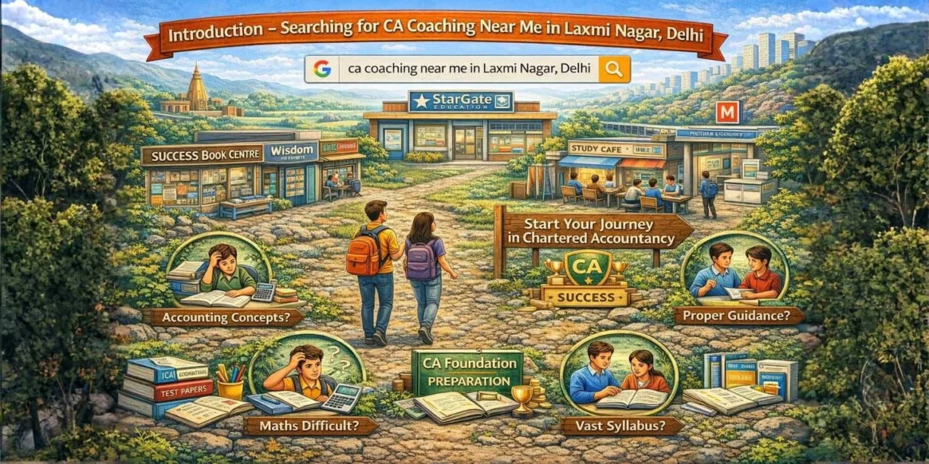 Complete Guide - Best CA Coaching Near Me in Laxmi Nagar, Delhi 1 Commerce students searching for CA Coaching Near Me in Laxmi Nagar Delhi walking towards coaching institute for CA Foundation preparation