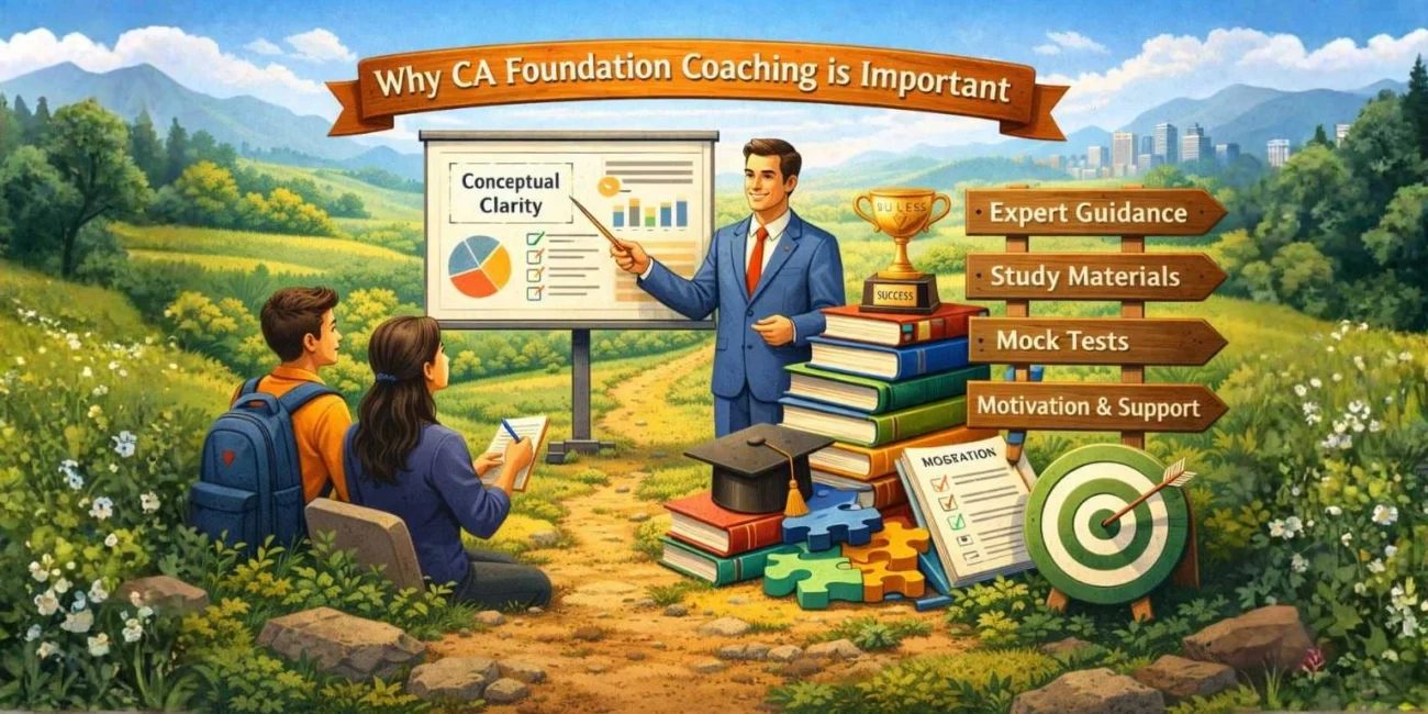 Complete Guide - Best CA Coaching Near Me in Laxmi Nagar, Delhi 5 Illustration showing CA Foundation subjects accounting business law business maths logical reasoning at CA Coaching Near Me in Laxmi Nagar Delhi