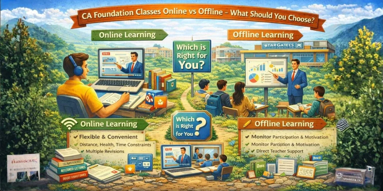 Complete Guide - Best CA Coaching Near Me in Laxmi Nagar, Delhi 14 Comparison illustration showing online classes laptop learning and offline classroom coaching at CA Coaching Near Me in Laxmi Nagar Delhi